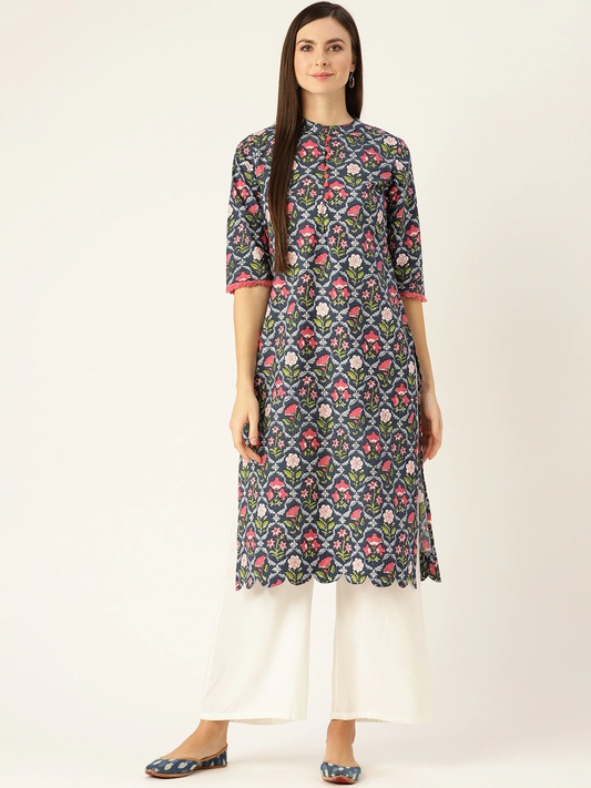 Women Blue Calf Length Three-Quarter Sleeves Straight Floral Printed Cotton Kurta | LASVINI - Redefining Indian Fashion with Elegance