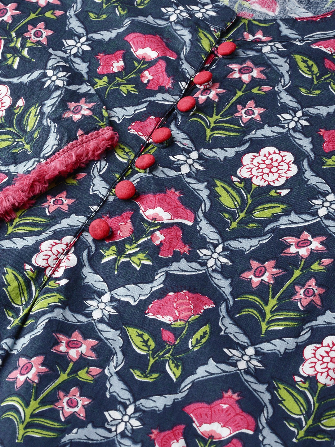 Women Blue Calf Length Three-Quarter Sleeves Straight Floral Printed Cotton Kurta | LASVINI - Redefining Indian Fashion with Elegance