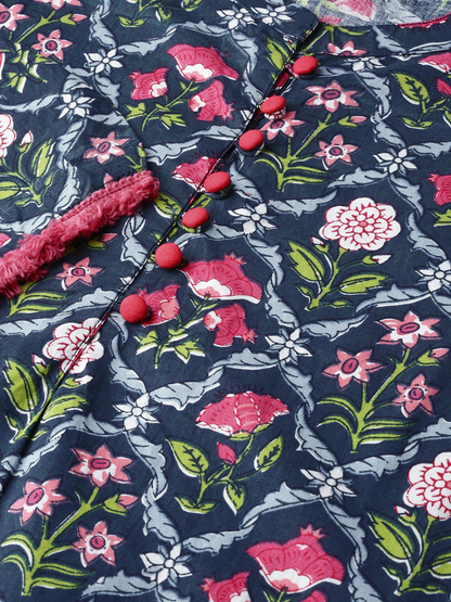 Women Blue Calf Length Three-Quarter Sleeves Straight Floral Printed Cotton Kurta | LASVINI - Redefining Indian Fashion with Elegance