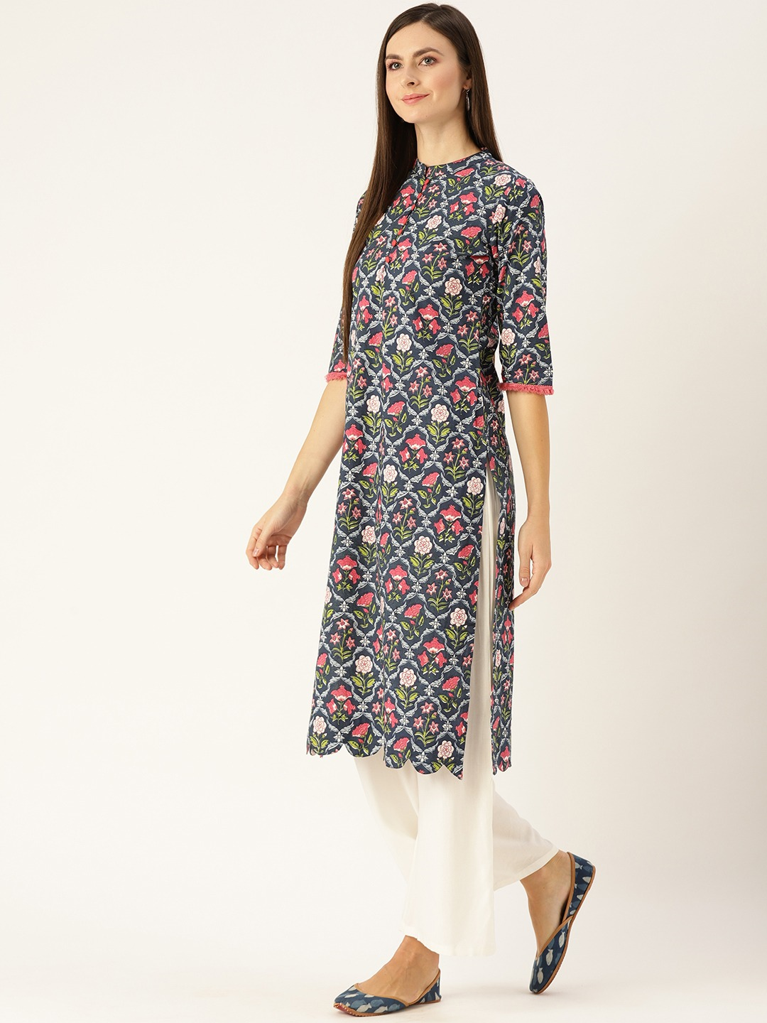 Women Blue Calf Length Three-Quarter Sleeves Straight Floral Printed Cotton Kurta | LASVINI - Redefining Indian Fashion with Elegance