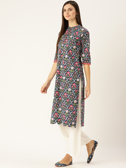 Women Blue Calf Length Three-Quarter Sleeves Straight Floral Printed Cotton Kurta | LASVINI - Redefining Indian Fashion with Elegance