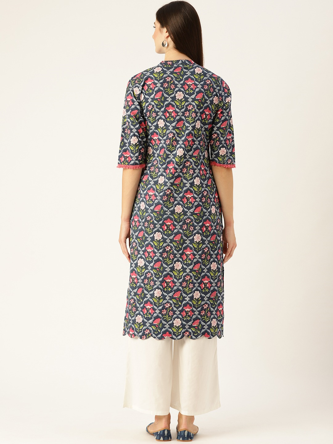 Women Blue Calf Length Three-Quarter Sleeves Straight Floral Printed Cotton Kurta | LASVINI - Redefining Indian Fashion with Elegance