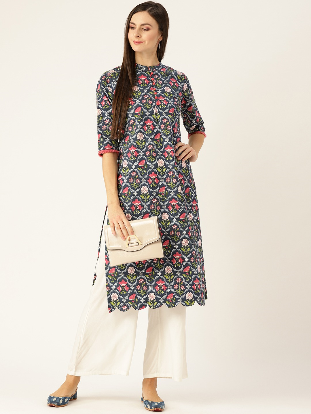 Women Blue Calf Length Three-Quarter Sleeves Straight Floral Printed Cotton Kurta | LASVINI - Redefining Indian Fashion with Elegance