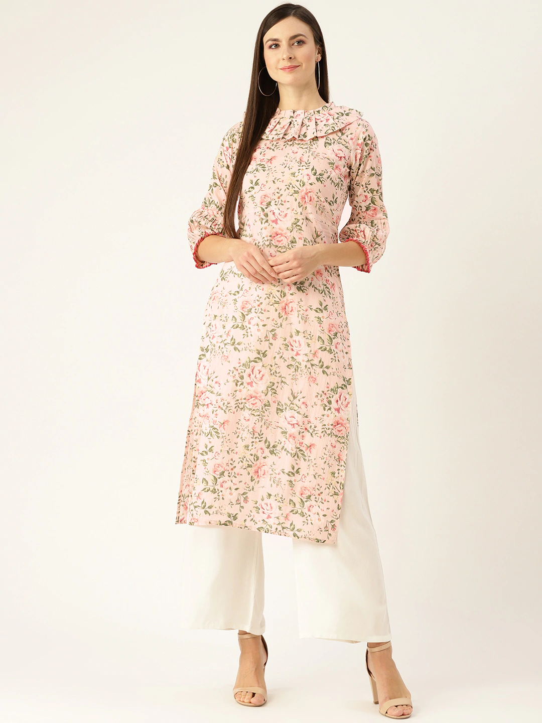 Women Pastel Pink Calf Length Three-Quarter Sleeves Straight Floral Printed  Kurta | LASVINI - Redefining Indian Fashion with Elegance