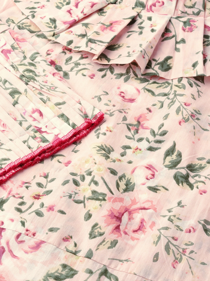 Women Pastel Pink Calf Length Three-Quarter Sleeves Straight Floral Printed  Kurta | LASVINI - Redefining Indian Fashion with Elegance