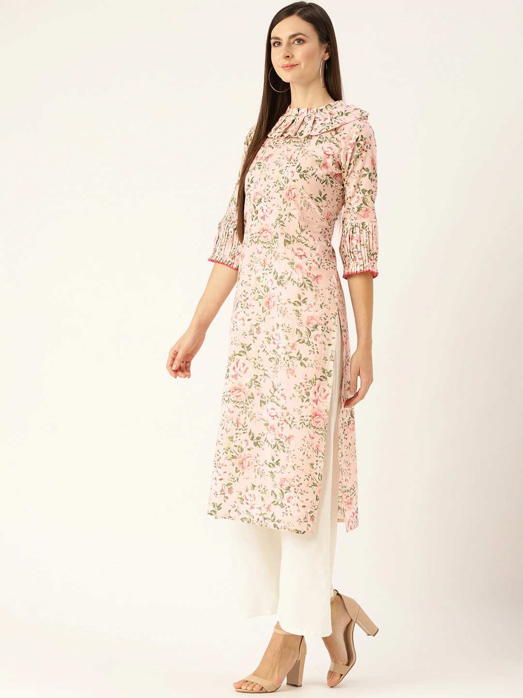 Women Pastel Pink Calf Length Three-Quarter Sleeves Straight Floral Printed  Kurta | LASVINI - Redefining Indian Fashion with Elegance