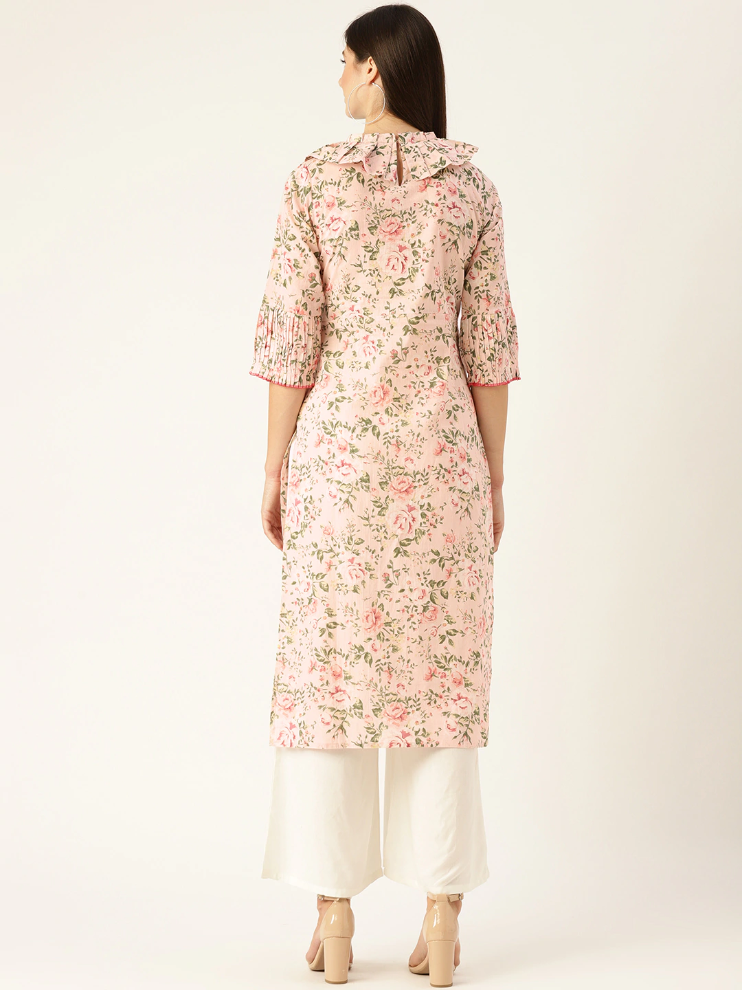 Women Pastel Pink Calf Length Three-Quarter Sleeves Straight Floral Printed  Kurta | LASVINI - Redefining Indian Fashion with Elegance