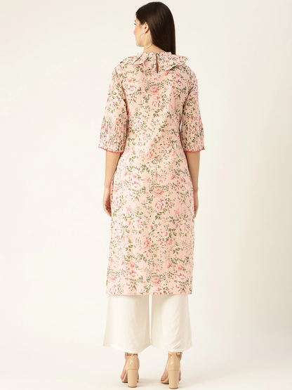 Women Pastel Pink Calf Length Three-Quarter Sleeves Straight Floral Printed  Kurta | LASVINI - Redefining Indian Fashion with Elegance