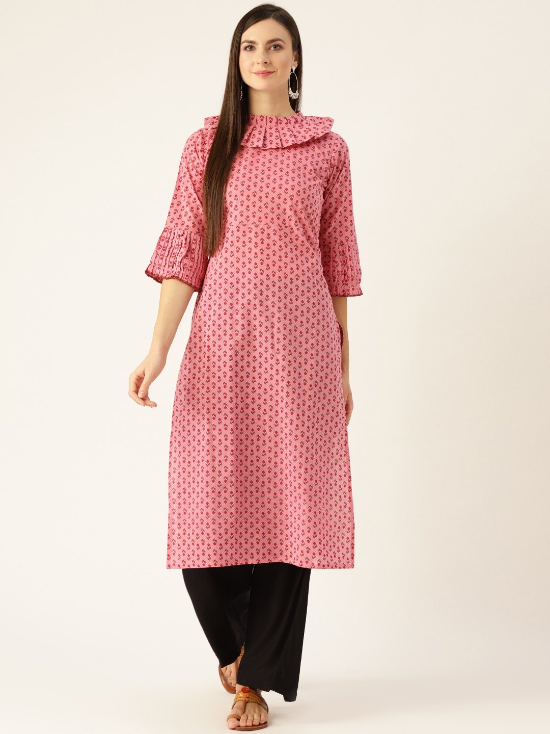 Women Pink Calf Length Three-Quarter Sleeves Straight Ethnic Motifs Printed  Kurta | LASVINI - Redefining Indian Fashion with Elegance
