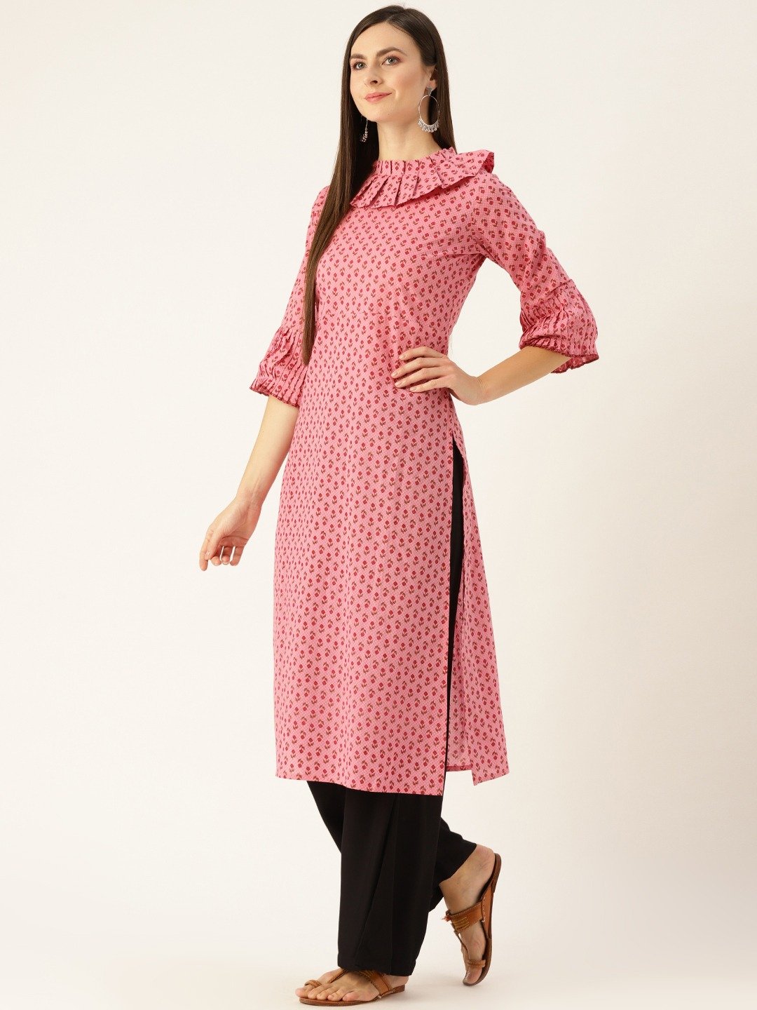 Women Pink Calf Length Three-Quarter Sleeves Straight Ethnic Motifs Printed  Kurta | LASVINI - Redefining Indian Fashion with Elegance