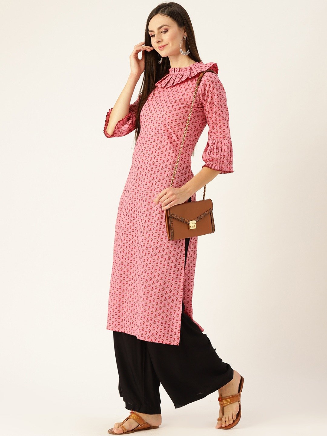 Women Pink Calf Length Three-Quarter Sleeves Straight Ethnic Motifs Printed  Kurta | LASVINI - Redefining Indian Fashion with Elegance