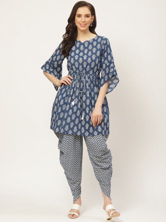 Women Indigo Three-Quarter Sleeves Flared Kurta And Dhoti Pant Set | LASVINI - Redefining Indian Fashion with Elegance