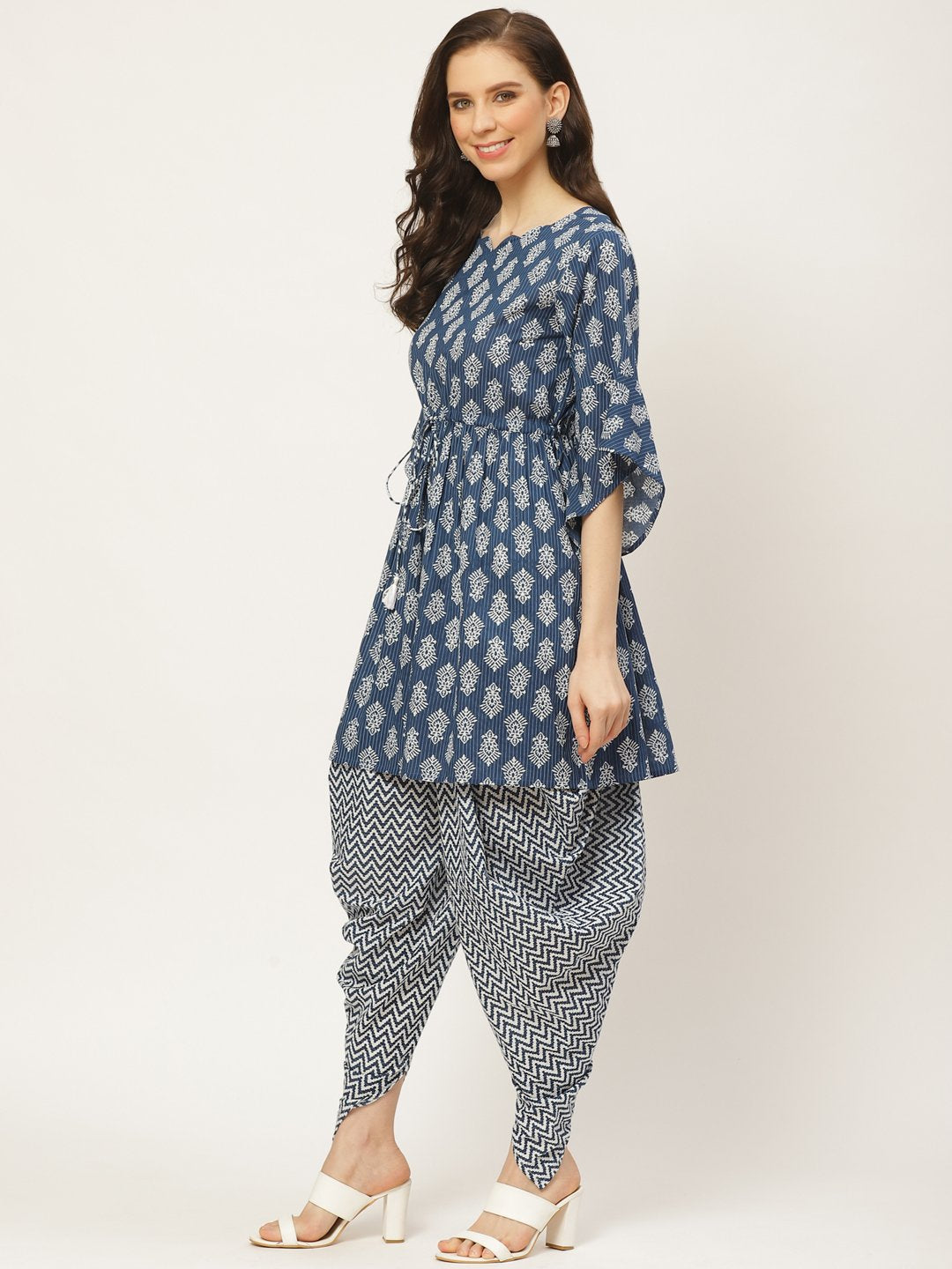 Women Indigo Three-Quarter Sleeves Flared Kurta And Dhoti Pant Set | LASVINI - Redefining Indian Fashion with Elegance