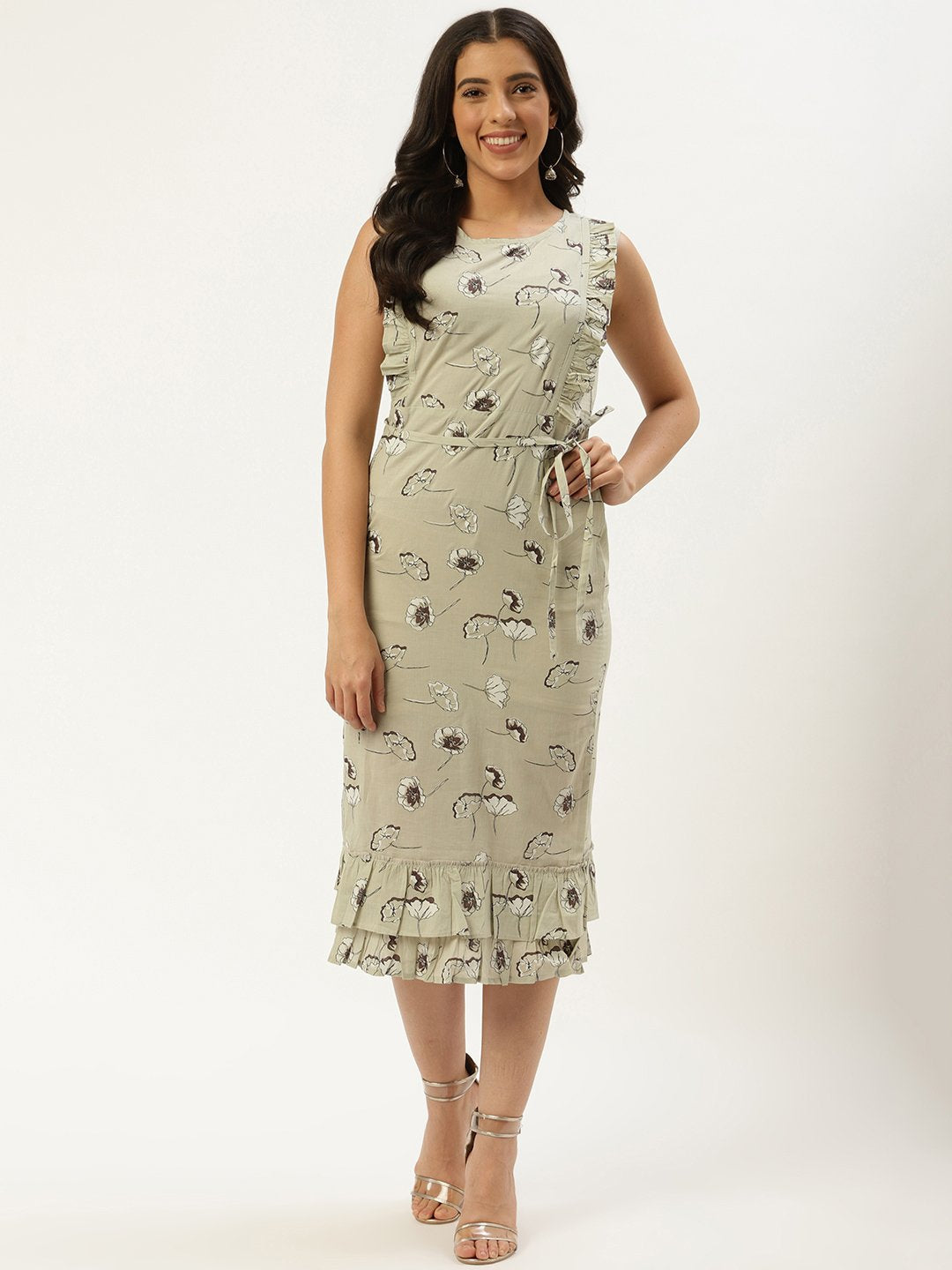 Women Grey Floral Printed Round Neck Cotton A-Line Dress | LASVINI - Redefining Indian Fashion with Elegance