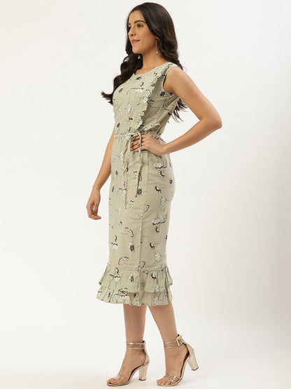 Women Grey Floral Printed Round Neck Cotton A-Line Dress | LASVINI - Redefining Indian Fashion with Elegance