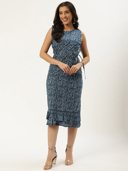 Women Blue Floral Printed Round Neck Cotton A-Line Dress | LASVINI - Redefining Indian Fashion with Elegance