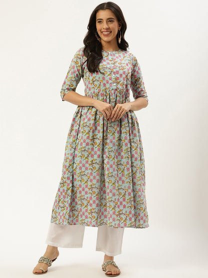 Women Sky Blue Three-Quarter Sleeves Flared Kurta And Palazzo Set | LASVINI - Redefining Indian Fashion with Elegance