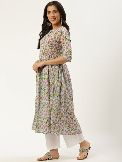 Women Sky Blue Three-Quarter Sleeves Flared Kurta And Palazzo Set | LASVINI - Redefining Indian Fashion with Elegance
