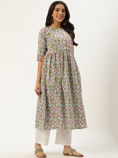 Women Sky Blue Three-Quarter Sleeves Flared Kurta And Palazzo Set | LASVINI - Redefining Indian Fashion with Elegance