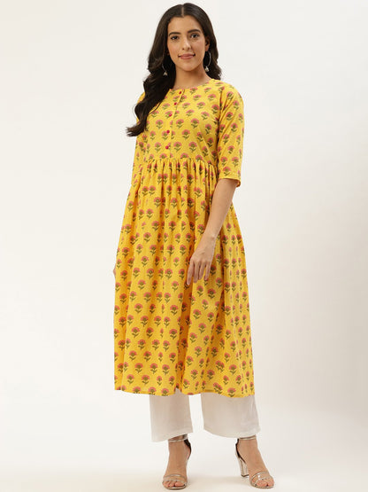 Women Yellow Three-Quarter Sleeves Flared Kurta And Palazzo Set | LASVINI - Redefining Indian Fashion with Elegance
