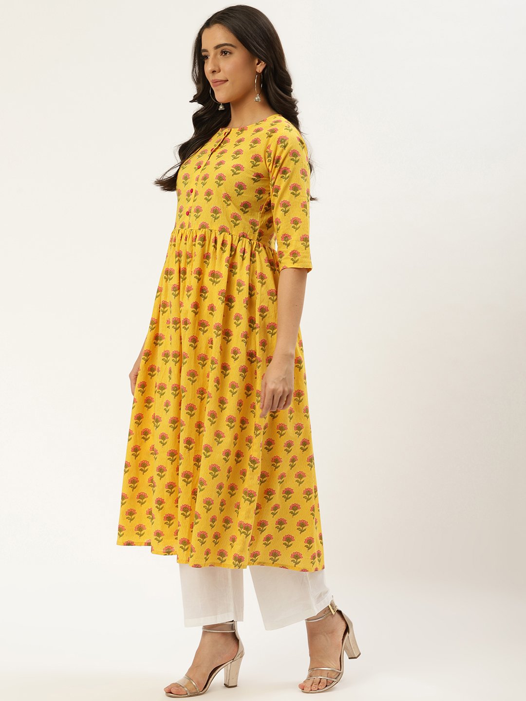 Women Yellow Three-Quarter Sleeves Flared Kurta And Palazzo Set | LASVINI - Redefining Indian Fashion with Elegance