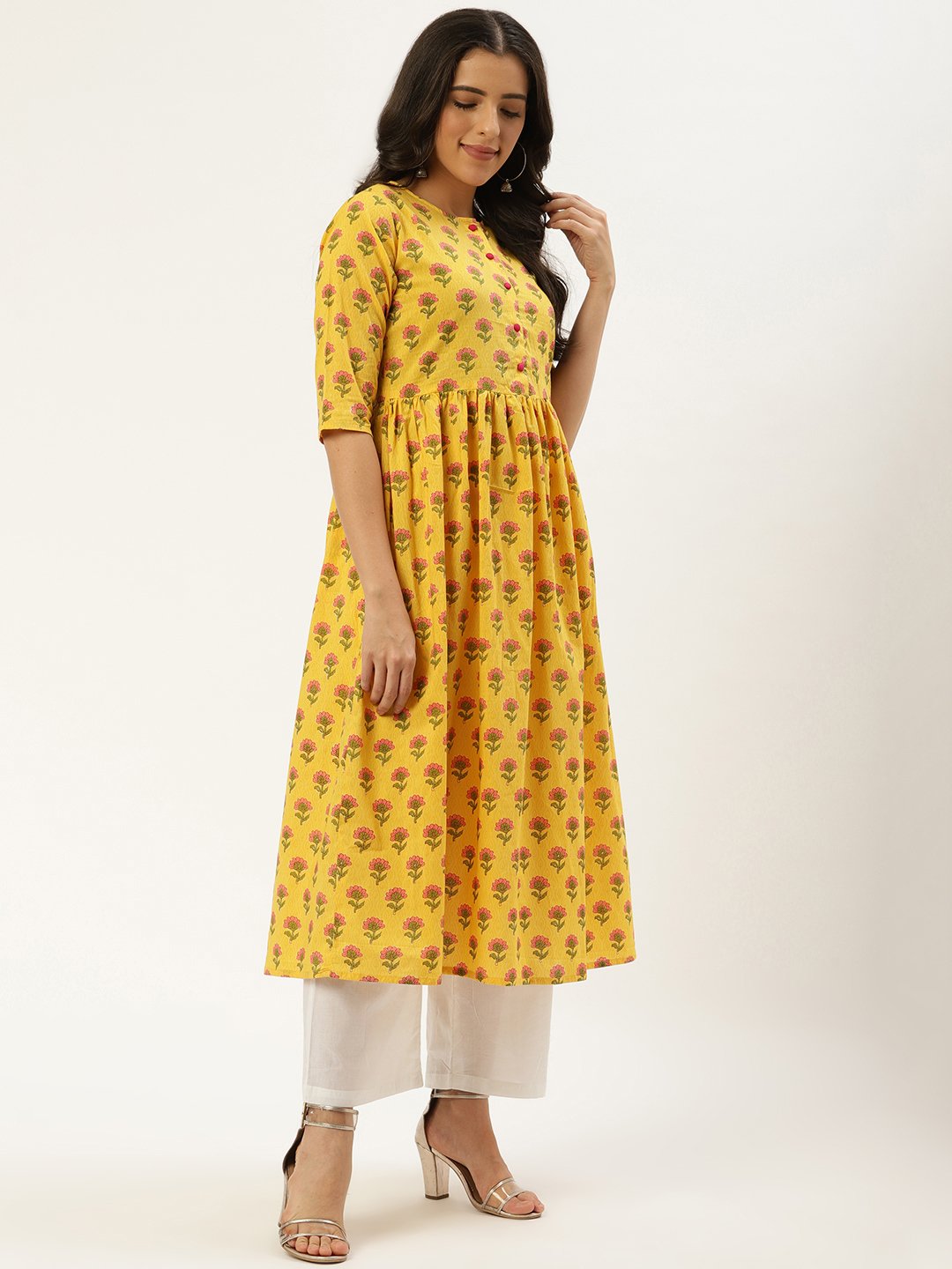 Women Yellow Three-Quarter Sleeves Flared Kurta And Palazzo Set | LASVINI - Redefining Indian Fashion with Elegance