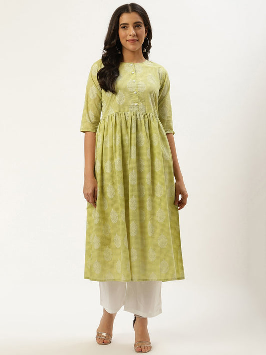 Women Pista Green Three-Quarter Sleeves Flared Kurta And Palazzo Set | LASVINI - Redefining Indian Fashion with Elegance