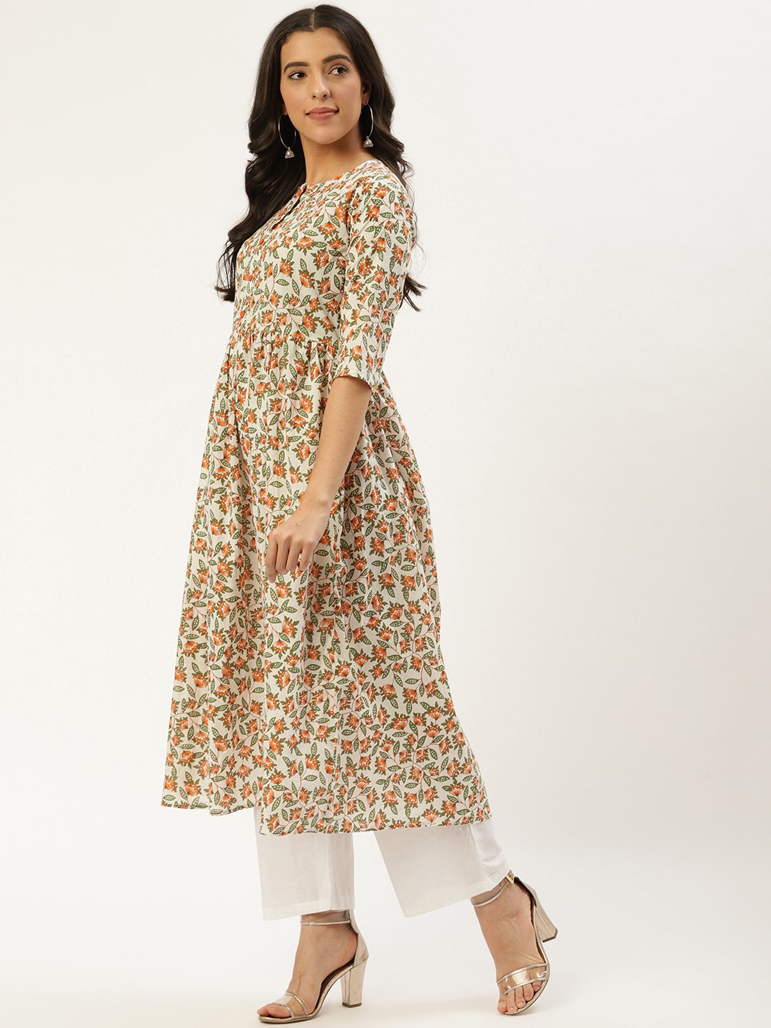 Women Off White Three-Quarter Sleeves Flared Kurta And Palazzo Set | LASVINI - Redefining Indian Fashion with Elegance