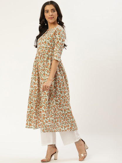 Women Off White Three-Quarter Sleeves Flared Kurta And Palazzo Set | LASVINI - Redefining Indian Fashion with Elegance