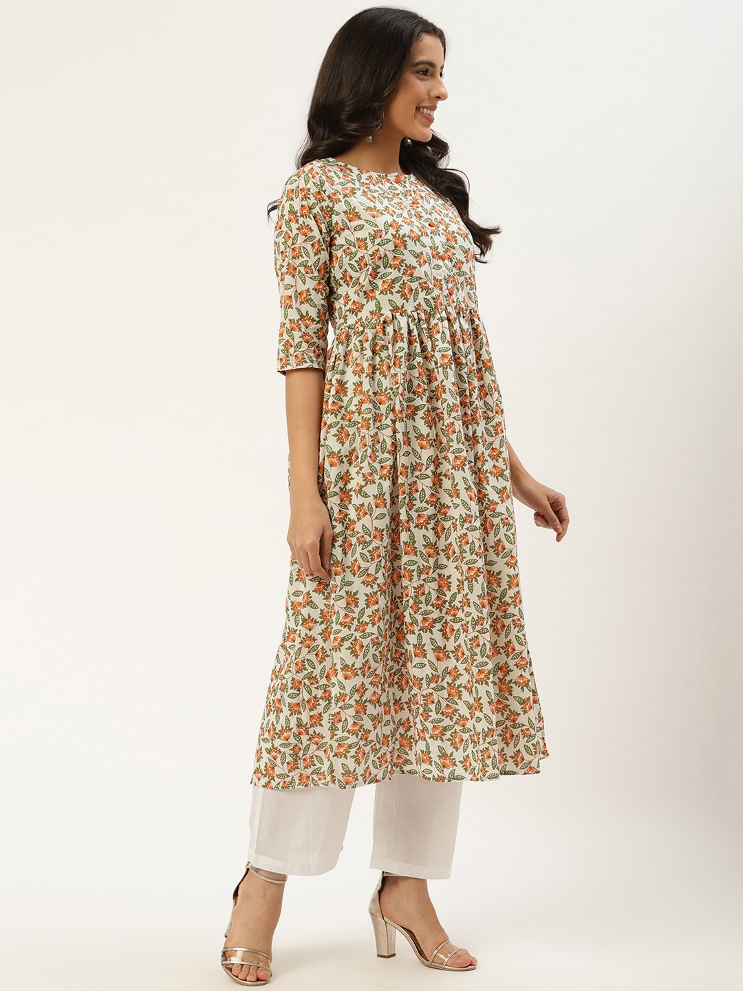 Women Off White Three-Quarter Sleeves Flared Kurta And Palazzo Set | LASVINI - Redefining Indian Fashion with Elegance