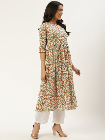 Women Off White Three-Quarter Sleeves Flared Kurta And Palazzo Set | LASVINI - Redefining Indian Fashion with Elegance