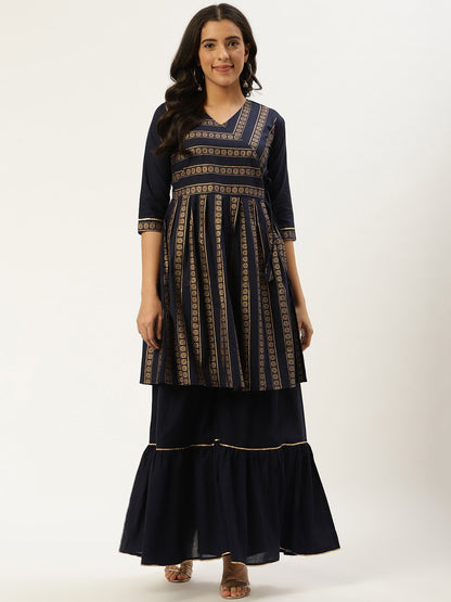 Women Navy Blue Three-Quarter Sleeves Flared Peplum Kurta And Sharara Set | LASVINI - Redefining Indian Fashion with Elegance