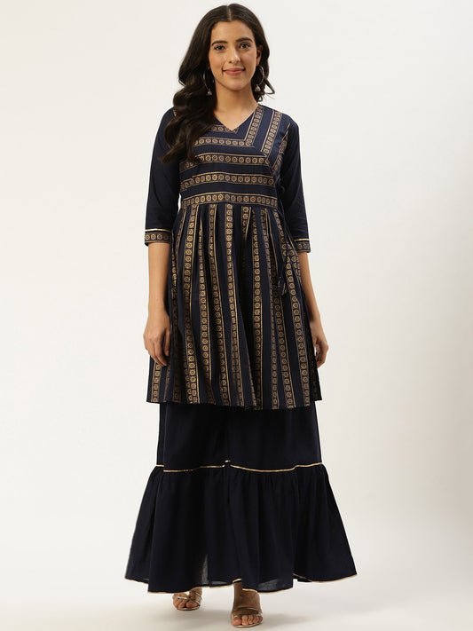 Women Navy Blue Three-Quarter Sleeves Flared Peplum Kurta And Sharara Set | LASVINI - Redefining Indian Fashion with Elegance