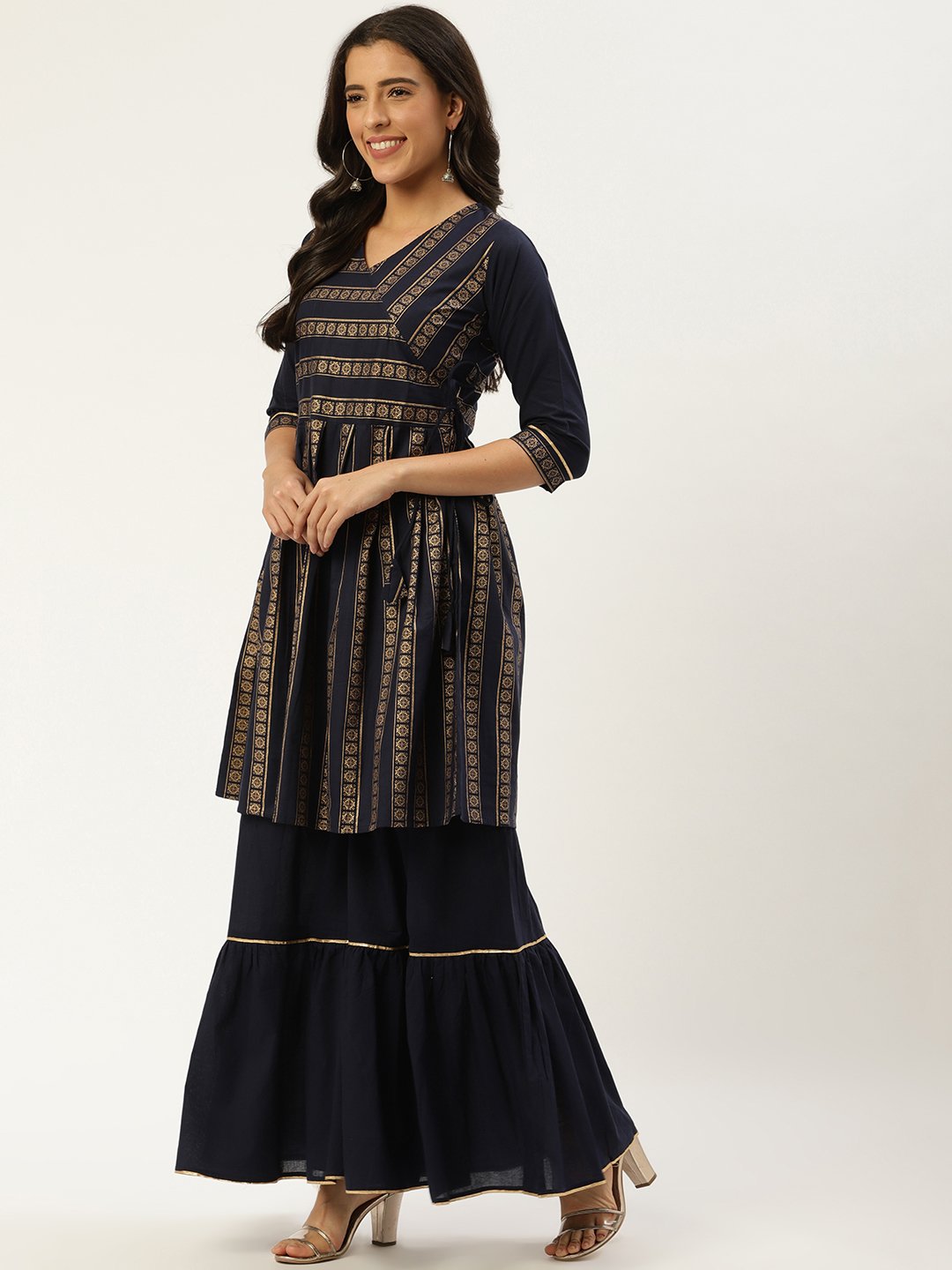 Women Navy Blue Three-Quarter Sleeves Flared Peplum Kurta And Sharara Set | LASVINI - Redefining Indian Fashion with Elegance