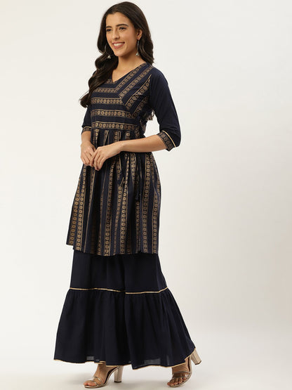 Women Navy Blue Three-Quarter Sleeves Flared Peplum Kurta And Sharara Set | LASVINI - Redefining Indian Fashion with Elegance