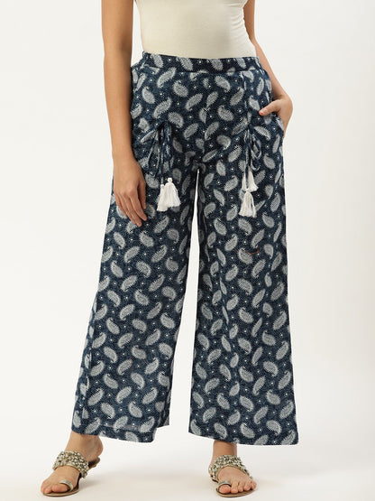 Women Indigo Blue Ethnic Motifs Printed Cotton Wide Leg Palazzo | LASVINI - Redefining Indian Fashion with Elegance