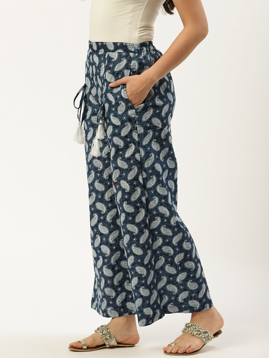 Women Indigo Blue Ethnic Motifs Printed Cotton Wide Leg Palazzo | LASVINI - Redefining Indian Fashion with Elegance