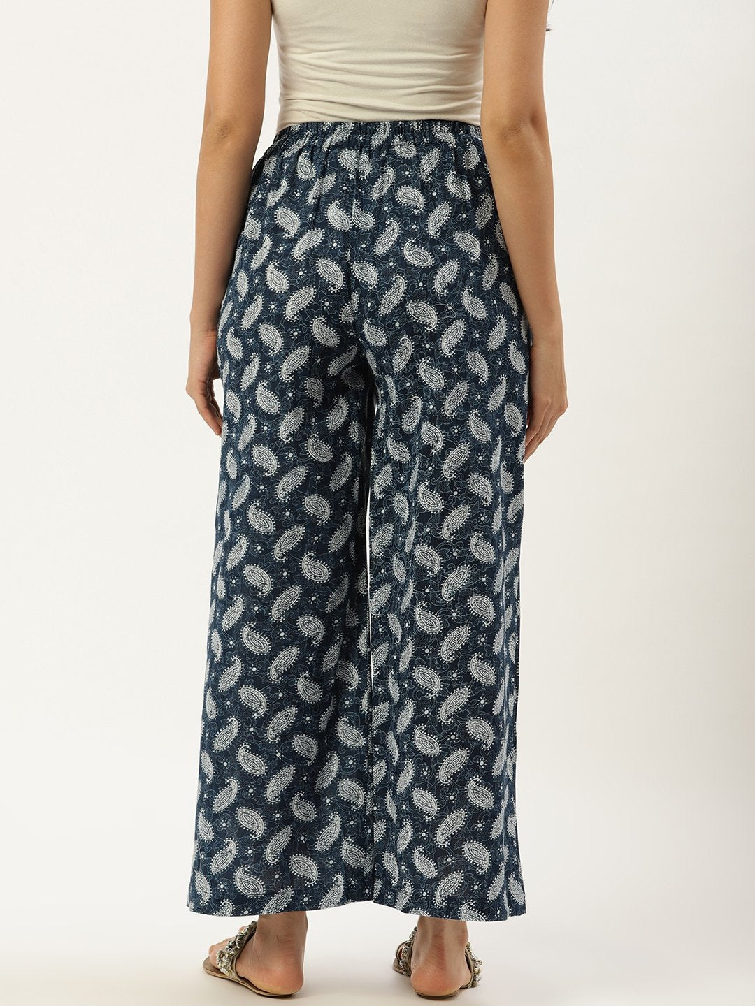 Women Indigo Blue Ethnic Motifs Printed Cotton Wide Leg Palazzo | LASVINI - Redefining Indian Fashion with Elegance