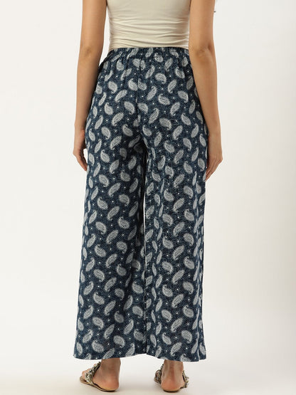 Women Indigo Blue Ethnic Motifs Printed Cotton Wide Leg Palazzo | LASVINI - Redefining Indian Fashion with Elegance