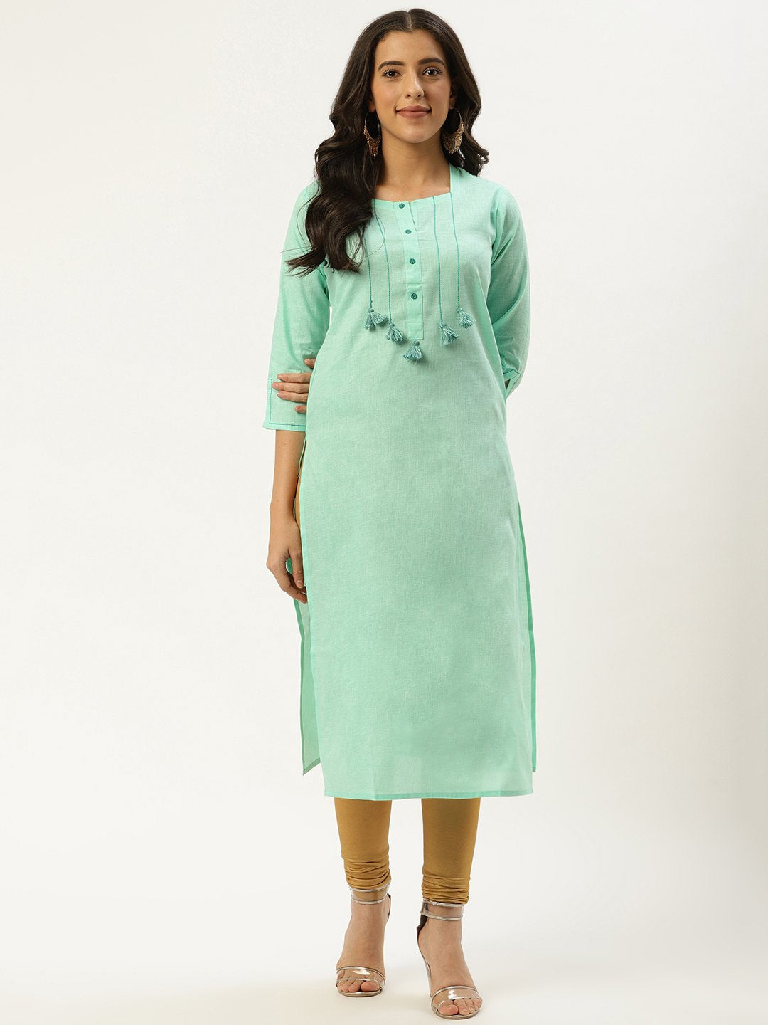 Women Green Calf Length Three-Quarter Sleeves Straight Solid Cotton Kurta | LASVINI - Redefining Indian Fashion with Elegance