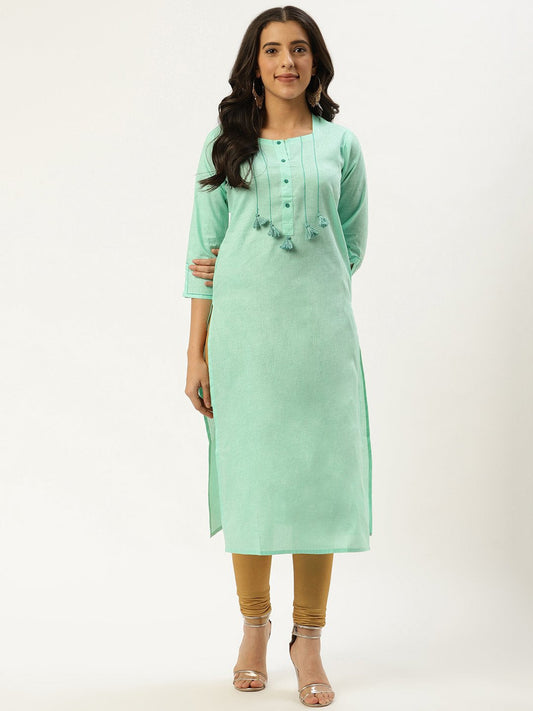 Women Green Calf Length Three-Quarter Sleeves Straight Solid Cotton Kurta | LASVINI - Redefining Indian Fashion with Elegance