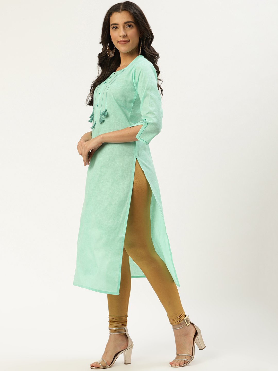 Women Green Calf Length Three-Quarter Sleeves Straight Solid Cotton Kurta | LASVINI - Redefining Indian Fashion with Elegance