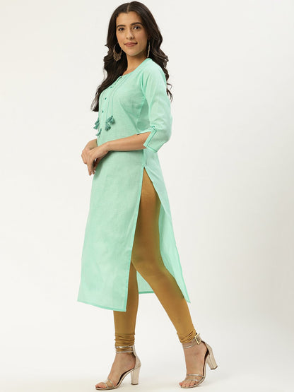 Women Green Calf Length Three-Quarter Sleeves Straight Solid Cotton Kurta | LASVINI - Redefining Indian Fashion with Elegance