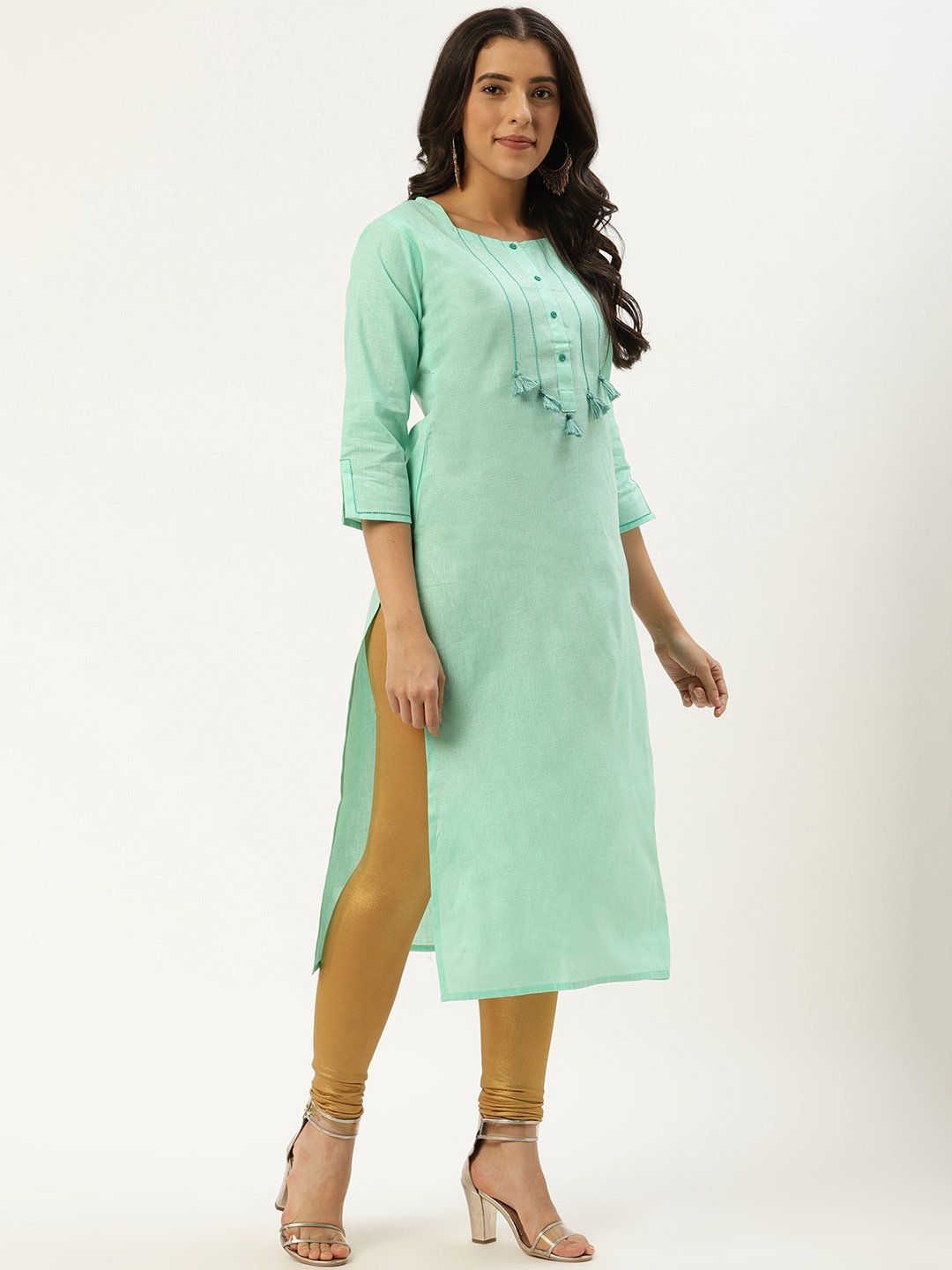 Women Green Calf Length Three-Quarter Sleeves Straight Solid Cotton Kurta | LASVINI - Redefining Indian Fashion with Elegance