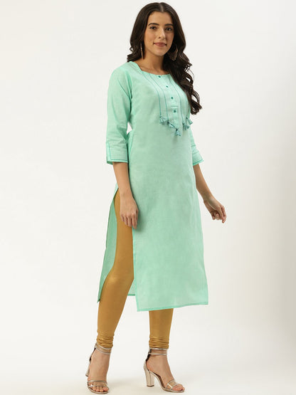 Women Green Calf Length Three-Quarter Sleeves Straight Solid Cotton Kurta | LASVINI - Redefining Indian Fashion with Elegance