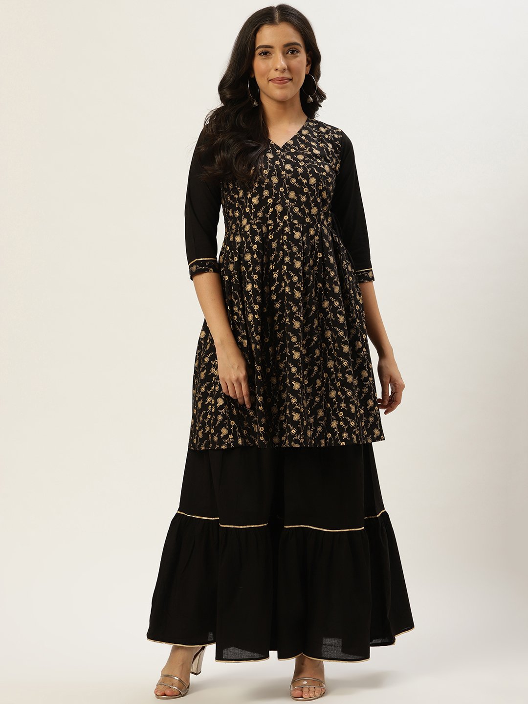 Women Black Three-Quarter Sleeves Flared Peplum Kurta And Sharara Set | LASVINI - Redefining Indian Fashion with Elegance