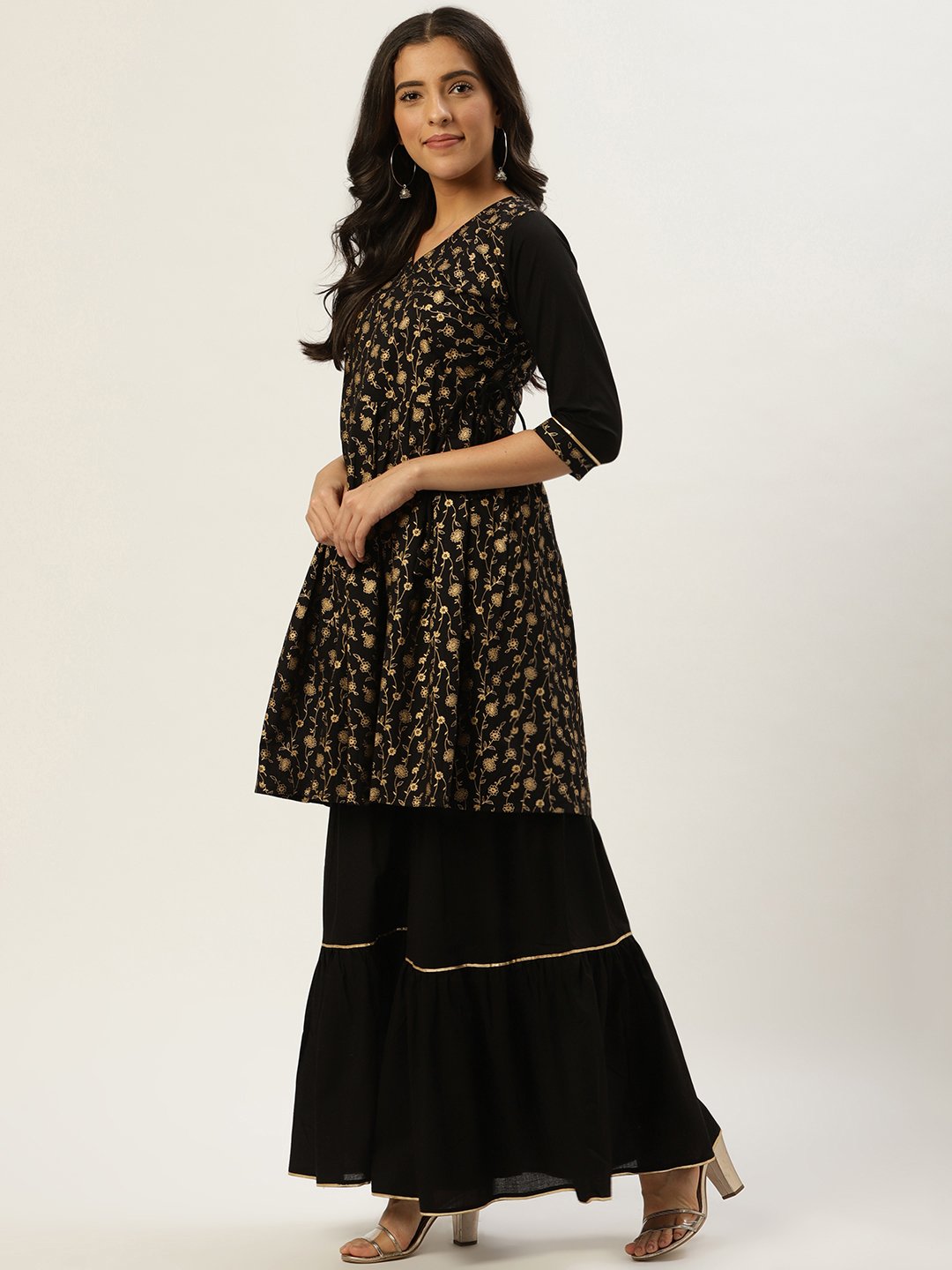 Women Black Three-Quarter Sleeves Flared Peplum Kurta And Sharara Set | LASVINI - Redefining Indian Fashion with Elegance