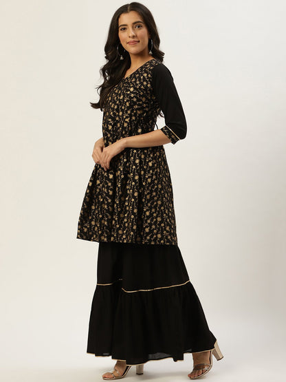 Women Black Three-Quarter Sleeves Flared Peplum Kurta And Sharara Set | LASVINI - Redefining Indian Fashion with Elegance