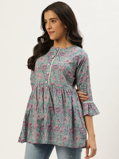 Women Grey Printed Tunic With Three Quarter Sleeves | LASVINI - Redefining Indian Fashion with Elegance