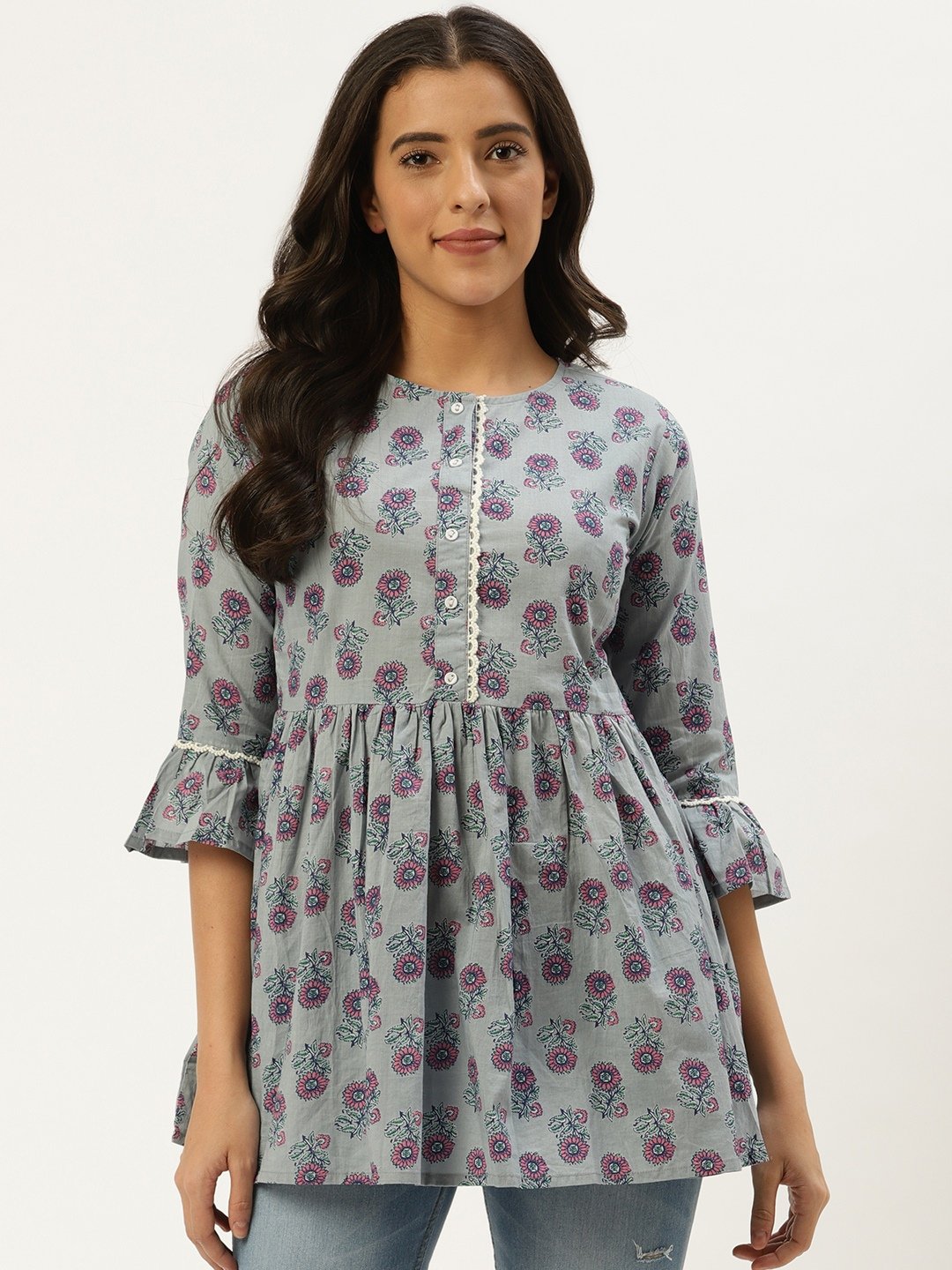 Women Grey  Printed Flared Floral Pure Cotton Kurti | LASVINI - Redefining Indian Fashion with Elegance